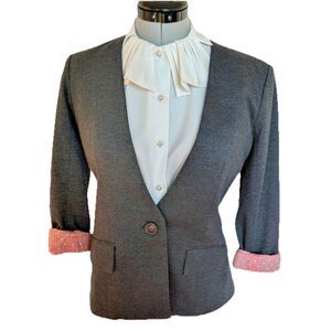 Cartonnier/ANTHRO Grey Collarless Single Button Jacket, Pink Polka Dot Lined, S